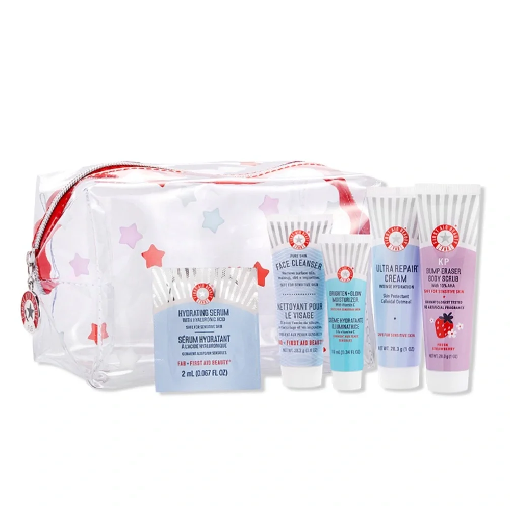 FIRST AID BEAUTY 6p Skin Care Travel Set KP Scrub Cream Cleanser Moisturizer Bag
